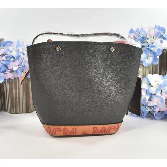 MCM Red Black Goatskin Mini Upcycling Project Flower Milano Drawstring Bag NWT